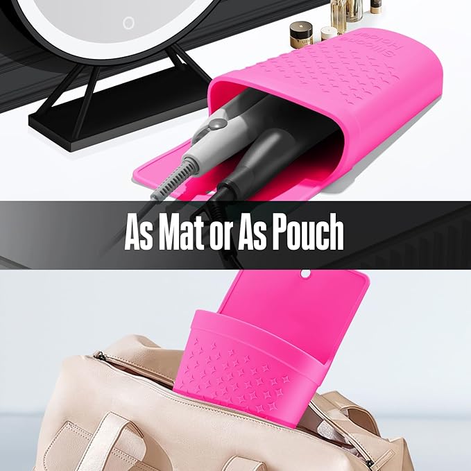 Heat Resistant Silicone Hair Iron Mat and Pouch,Portable Travel Hair Straightener Mat and Holder for Hair Styling Tools.1 Pack.(Hot Pink)