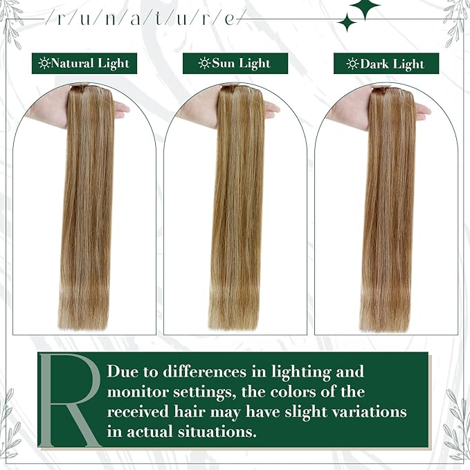 RUNATURE Clip in Hair Remy Human Hair Clip in Extensions 16 Inches Golden Brown with Golden Blonde Highlighted Color 10P16 50g 3pcs Double Weft Clip on Hair Extensions