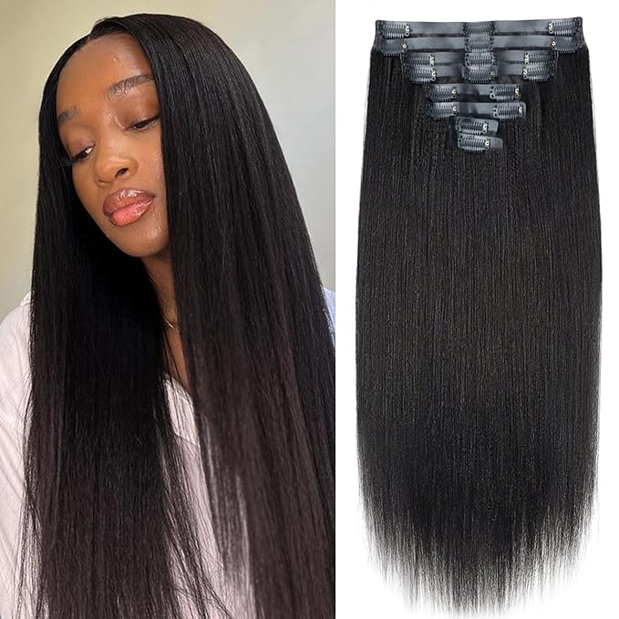 Seamless PU Yaki Straight Clip in Hair Extensions Real Human Hair For Women Invisible Yaki Straight Clip ins (24inch,#1B)