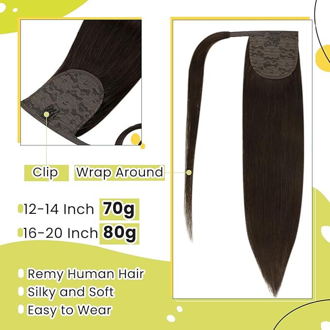 RUNATURE Ponytail Extension Human Hair, Real Hair Ponytail Extension Dark Brown, Remy Human Hair Ponytail Wrap Around, Tangle Free Hair, Easy To Apply, 18 Inch 80g #2 Dark Brown