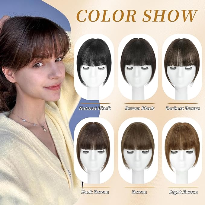 NAYOO Hair Toppers for Women Real Human Hair, 360° Cover Clips in Full Fringe Fake Bangs Hair Pieces for Women Girls Daily Wear (2# Darkst Brown)