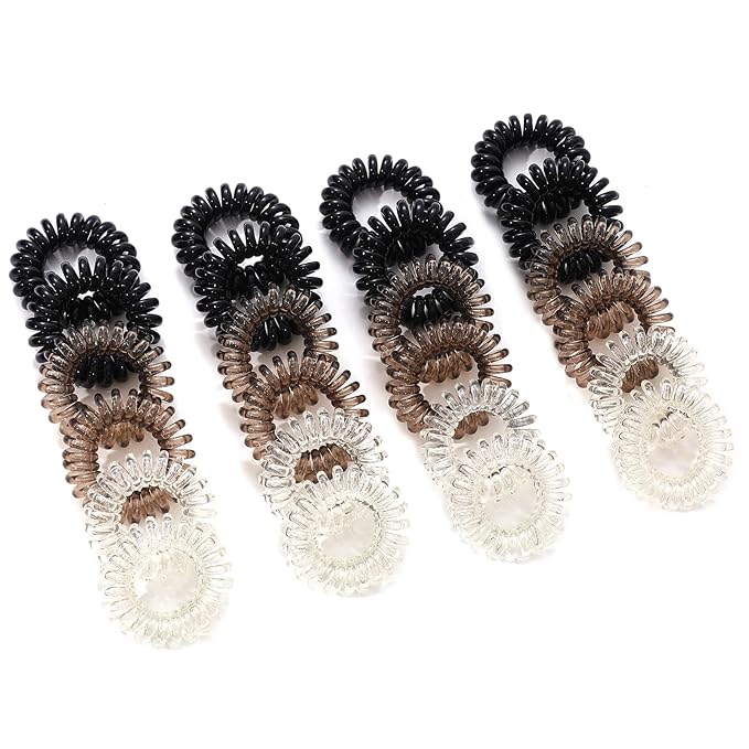 Spiral Hair Ties, 24 Pcs Hair Scrunchies for Women's Hair, Elegant Clear, Brown, Black Hair Ties No Damage Comfortable Non-Slip Elastic Hair Coils for Girls, Kids, and All Occasions