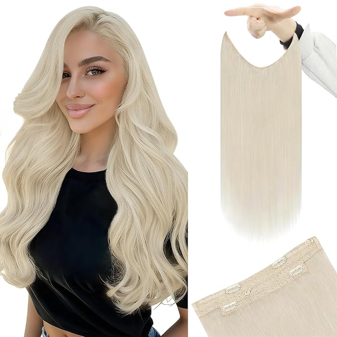 YoungSee Invisible Wire Hair Extensions Real Human Hair Blonde Hair Extensions Wire Platinum Blonde Fish Line Hair Extensions Human Hair Dyable Remy Hair 16In 80G