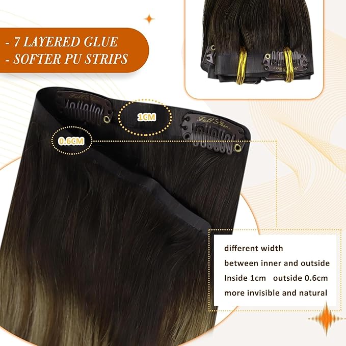 Full Shine Human Clip in Hair Extensions Ombre Seamless Clip ins Dark Brown Balayage Medium Brown Mix Honey Blonde Black Hair Extensions 16 Inch 120 G 8 PCS