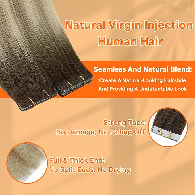 Full Shine Invisible Virgin Tape in Hair Extensions Color 2 Brown Fading to 18 Ash Blonde and 22 Double Sided Tape in Extensions 16Inch Seamless Injection Hair Extensions Tape ins 20Grams 10Pcs