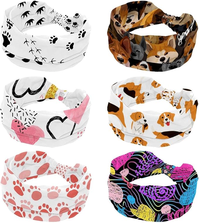 6 Pcs Stretchy Headbands for Women, Absorbed Sport Headband Soft Twist Knotted Headbands for Daily Life Yoga Workout, Dogs Collection Multi Animal