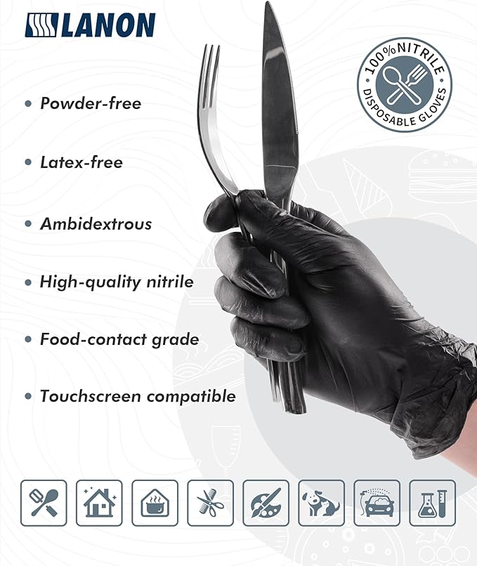 LANON Food Safe Disposable Nitrile Gloves, Latex-Free, Powder-Free, Silicone-Free, Textured Fingertips, Cooking, Black，X-Large