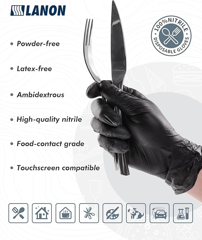 LANON Food Safe Disposable Nitrile Gloves, Latex-Free, Powder-Free, Silicone-Free, Textured Fingertips, Cooking, Black，Small