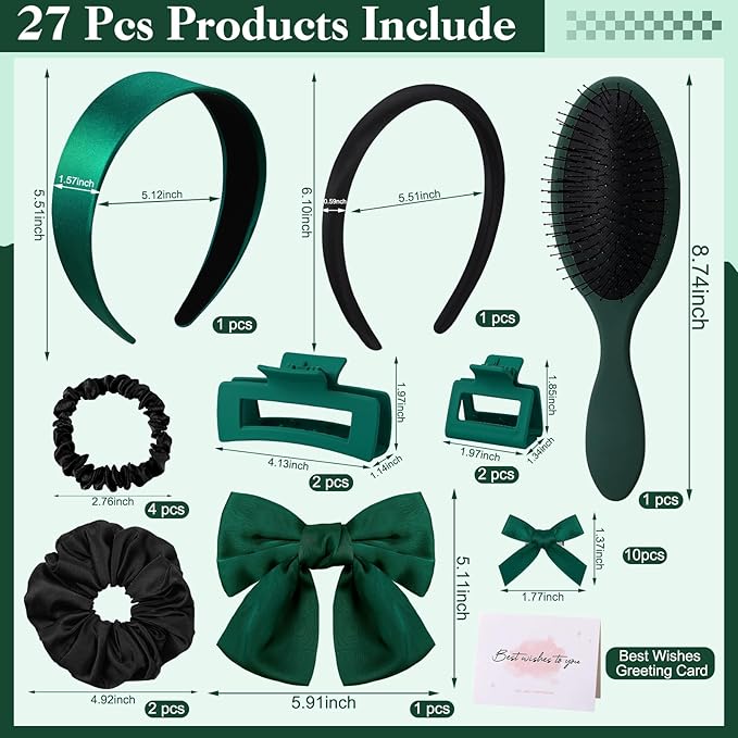 Hair Accessories Kit for Women, 27 PCS Set Included Hair Scrunchies, Claw Clips, Bow Clips, Hair Brush and Headband Hair Gift for Women (Dark Green)