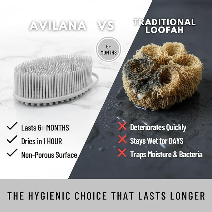 Silicone Body Scrubber for Shower - Gentle Exfoliating Back Scrubber with Soft Bristles - Avilana Premium Dual Sided Bath Brush Massage - Loofah Alternative for Sensitive Skin - Gift Women Men