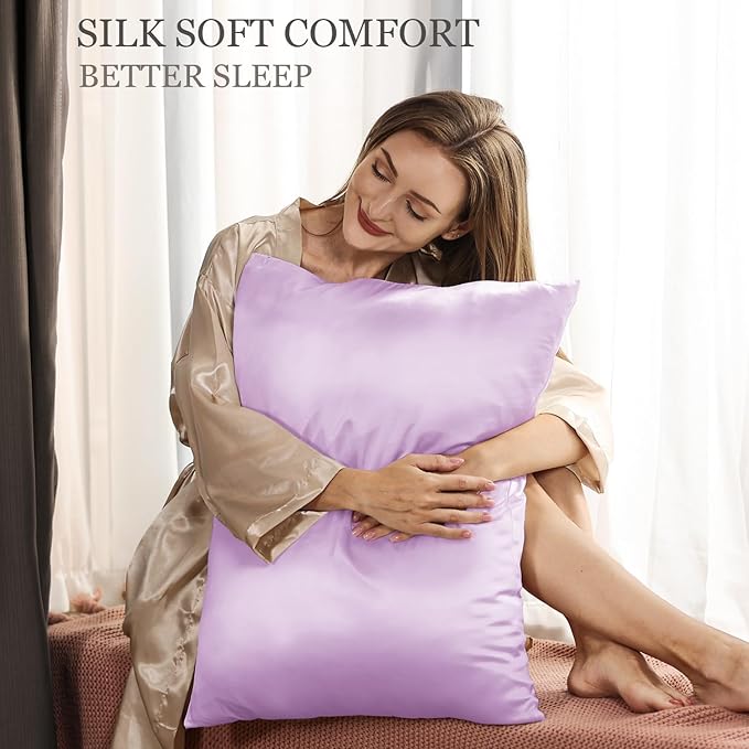 Adubor Mulberry Silk Pillowcase for Hair and Skin with Hidden Zipper, Both Side 23 Momme Silk, 900 Thread Count (20x30 inches, Queen Size, Light Purple, 1pc)