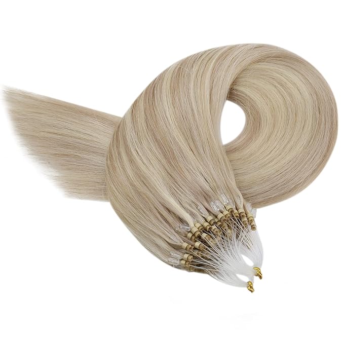 YoungSee Micro Bead Hair Extensions Real Human Hair Blonde Microlink Hair Extensions Highlight Ash Blonde with Medium Blond Beaded Hair Extension 14In Micro Ring Hair Extension 50g 50s Remy Hair