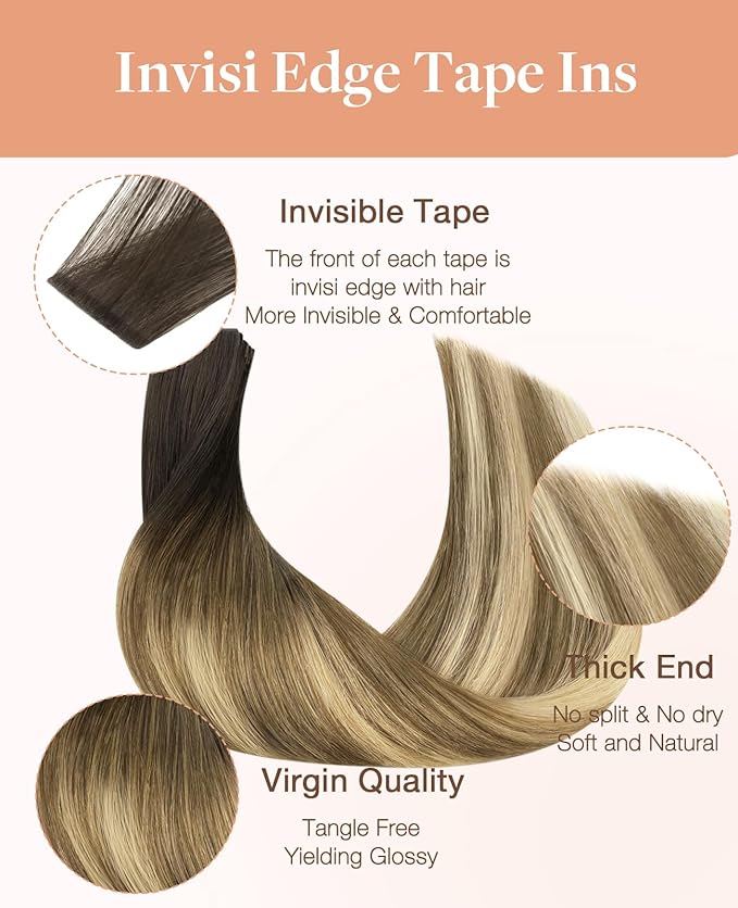 GOO GOO Invisi Edge Tape in Hair Extensions Human Hair, 2/6/18 Balayage Brown to Dirty Blonde, 20pcs 16inch 50g, Virgin Remy Hair, Seamless Injected Tape, Natural Look