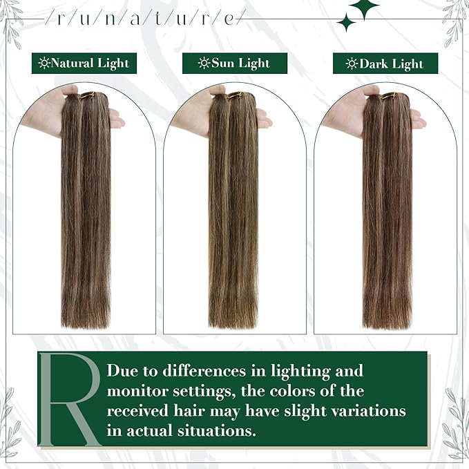 RUNATURE Real Hair Extensions Clip in Human Hair, Remy Clip in Hair Extensions Real Human Hair, Tangle-free Soft Natural Hair for Women, 12 Inch 50g 3pcs #3P12 Walnut Brown Highlight Blonde