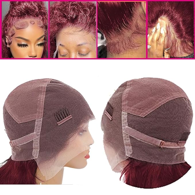 250 Density Hidden Strap Water Wave 360 99j Burgundy Glueless Wigs Human Hair Pre Plucked Pre Bleached Human Hair Wig With Drawstring Wet and Wavy HD Full Lace Front Wigs Human Hair 18 Inch