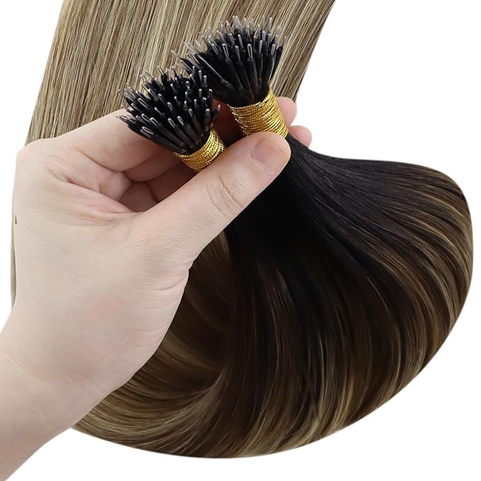 YoungSee Nano Beads Hair Extensions Real Human Hair Brown to Blonde Nano Link Hair Extensions Balayage Dark Brown with Blonde Nano Extension Human Hair Straight for Women Add Length 18inch 1g/s 50g