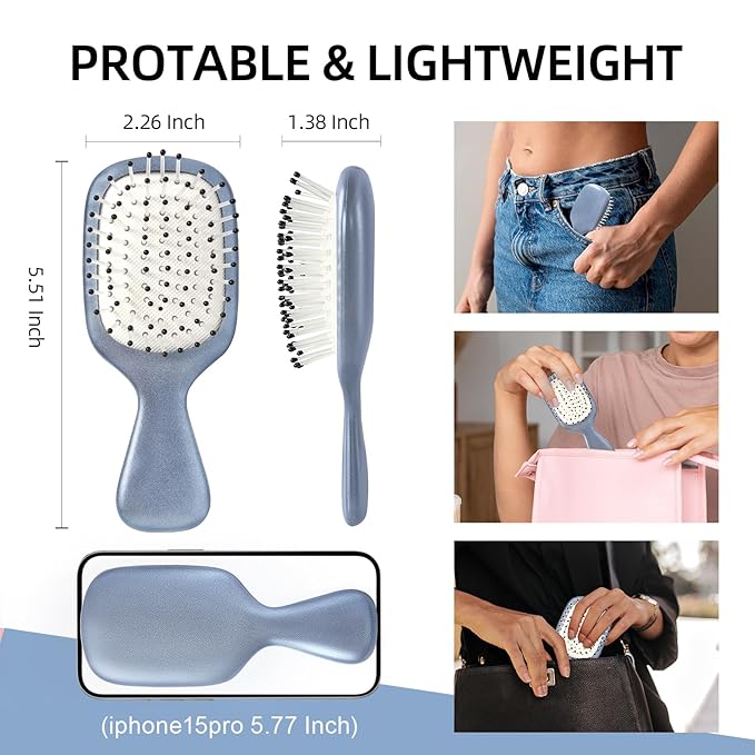 Mini Hair Bursh for Women Men and Kids, Protable Travel Size Hair Brush for Pockets Purses, Mini Detangler Brush for All Hair Types, Small Paddle Brush for Detangling (Blue)