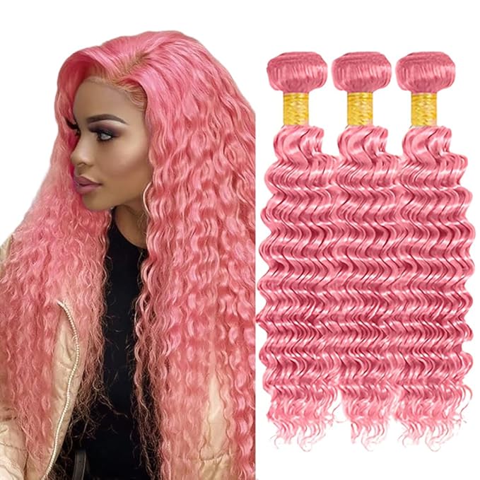 Pink Bundles Human Hair Pink Deep Wave Bundles 16 18 20 Inch Niegmeag Virgin Remy Hair Extensions Double Weft Soft and Skily Light Pink Bundle