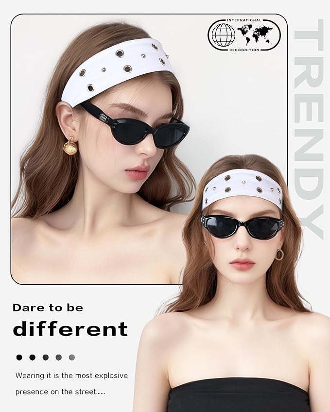 Grommet Headband for Women, White Triangle Studs 23cm Hollow Out Elastic Hair Band, Eyelets Punk Grunge Stylish Hairband