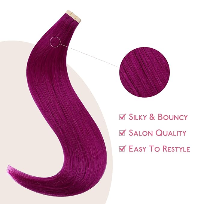 WENNALIFE Tape in Hair Extensions Human Hair Violet Tape in Extensions, 10pcs 30g 26 inch Remy Invisible Tape Ins Straight Colored Soft Real Human Hair Tape in Extensions Refill Set Extensions