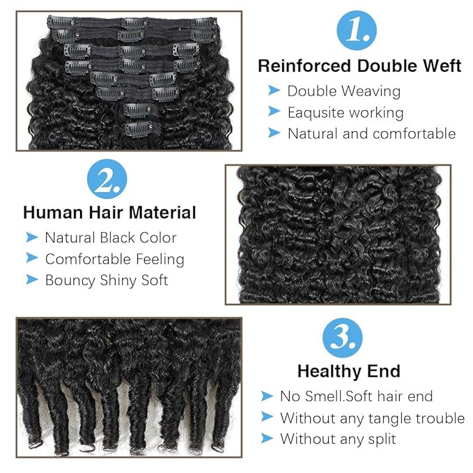 Burmese Curly Clip in Hair Extensions Real Human Hair, 8Pcs Remy Human Hair Clip in Extensions for Women, Natural Soft Human Hair, 120g 22inch #1B Natural Black