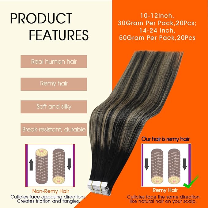 Full Shine Black Tape in Hair Extensions Human Hair 50Gram Real Hair Tape in Extensions 14Inch Glue in Human Hair 1B/27/1B Off Black Fading to Honey Blonde Seamless Hair Extensions 20Pcs Straight
