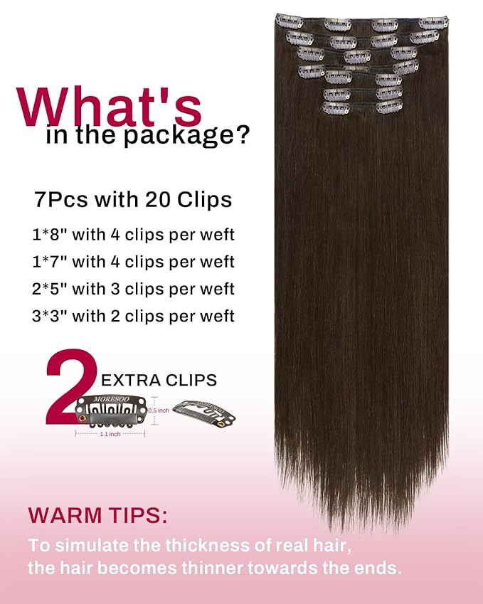 Moresoo Clip in Hair Extensions Real Human Hair Medium Brown Hair Extension Clip ins Remy Human Hair Double Weft Clip in Extensions Medium Brown #4 7pcs/135g 18inch