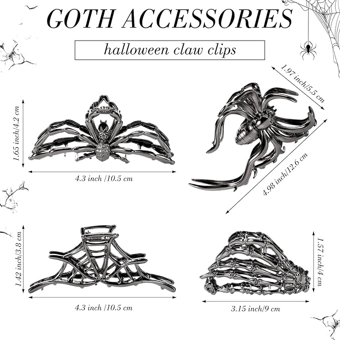 Obeoby 4 Pcs Metal Hair Clips for Women, Large Hair Claw Clips for Thick Long Hair Styling with Spider Webs Skeleton Decor, Goth Accessories Hair Accessories Birthday Valentines Day Gifts (Black)