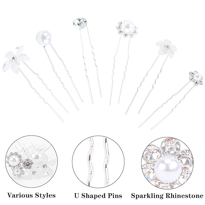 CUBACO 42 PCS Flower Wedding Hair Pins for Women Bridal Crystal Hair Jewelry Bobby Pins Rhinestone Pearl Hair Accessories Silver U Shaped Hair Pins Decorative for Brides Bridesmaids Girls