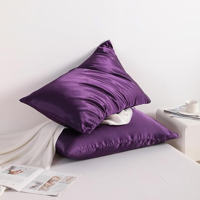 NTBAY 2 Pack Satin Standard Pillowcases for Hair and Skin, Luxurious and Silky Pillow Cases with Envelope Closure, 20x26 Inches, Eggplant Purple