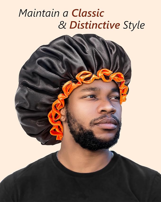 mikimini Extra Large Black Shower Caps Pack of 2 for Women and Men Thick Long Hair Braids, Reusable Waterproof Double Layers XL Bathing Hair Cap with Vibrant Orange Edge (Black)