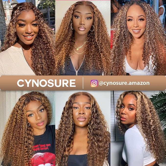 CYNOSURE 18 Inch Highlight Ombre Deep Curly Lace Front Wigs Human Hair 13x5 HD Transparent Lace Frontal Wig Honey Blonde Jerry Curly Wig Human Hair Pre Plucked 180 Density for Women