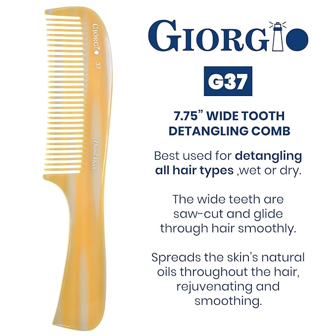 Giorgio G37 Large Coarse Hair Detangling Comb, Wide Teeth for Long Thick Curly Wavy Hair. Detangler for Wet and Dry. Handmade Rake Saw-Cut from Cellulose Hand Polished Imitation Horn
