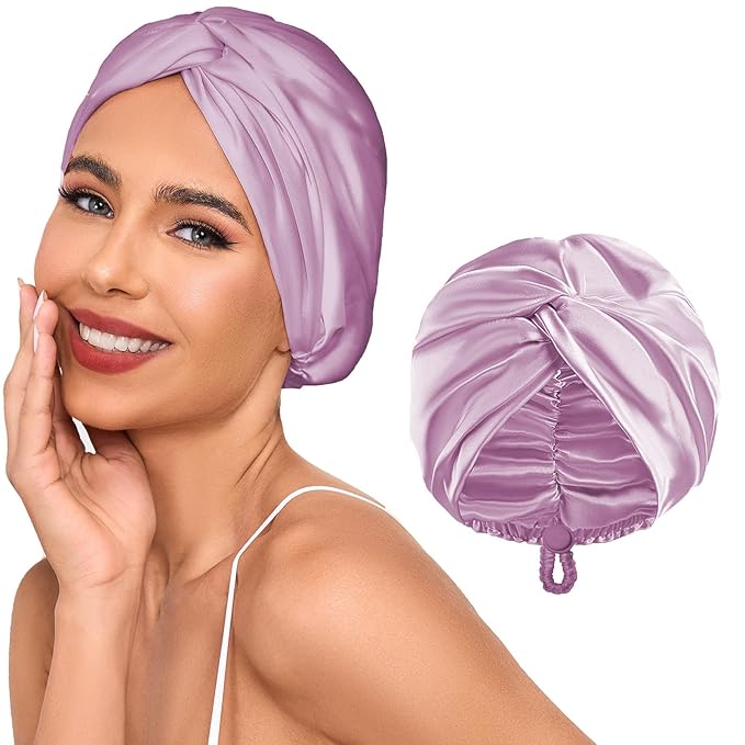 Adjustable Silk Satin Hair Bonnet for Sleeping Women, Double Layer, Silk Hair Wrap for Sleeping Women Men, Curly Natural Braid Straight Unisex - Lavender