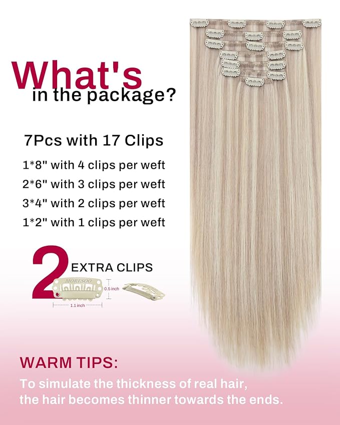 Moresoo Blonde Highlight Clip in Hair Extensions Ash Blonde with Bleach Blond Remy Clip in Human Hair Extensions Straight Double Weft 120g/7pcs 18 inch