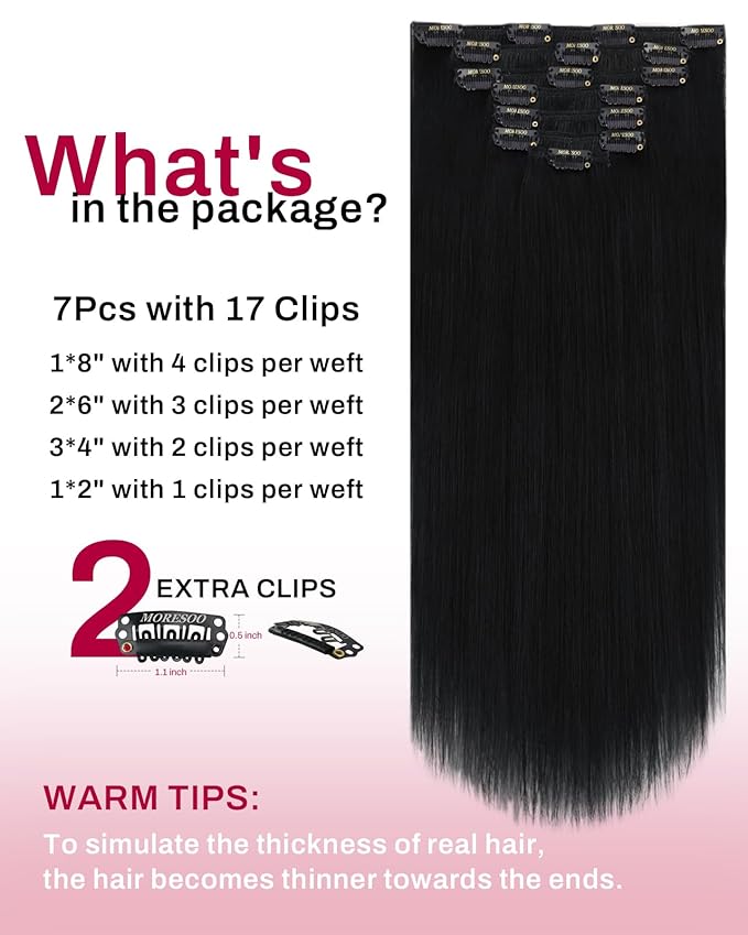 Moresoo Jet Black Real Human Hair Extensions Clip ins 26inch Double Weft Human Hair Clip in Extensions to Add length Jet Black Hair Extensions Clip ins Straight for Party 26inch 160g 7pcs