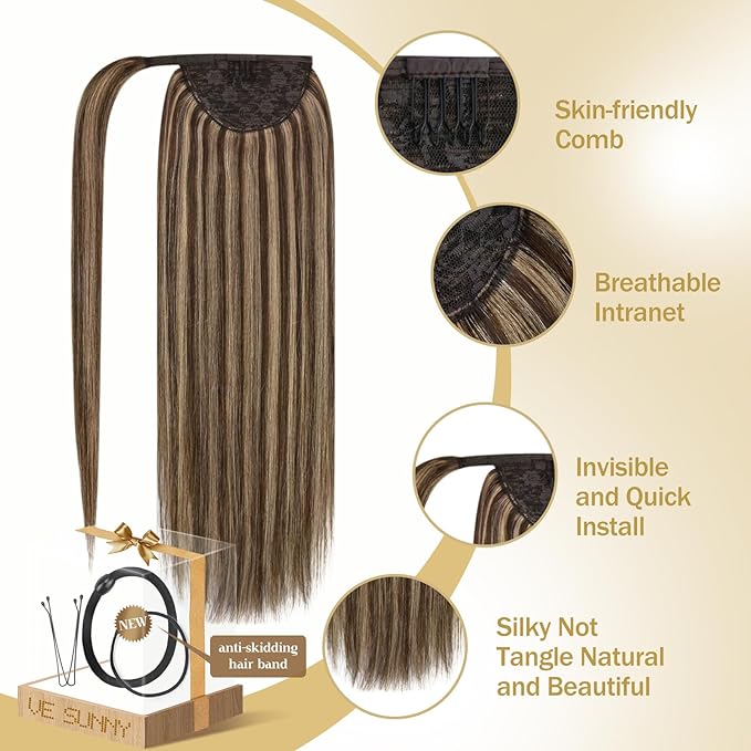 Ve Sunny Hair Extensions Ponytail Real Human Hair Wrap Around Clip in Ponytail Hair Extensions Straight Extensions Human Hair for Women Medium Brown Highlighted Caramel Blonde 20inch 80G 80G