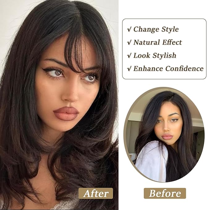 Clip in Bangs Real Human Hair Natural Black Wispy Bangs Fake Bangs with Fringe Clip on Bangs Curved Bangs Hairpieces for Women Daily Wear