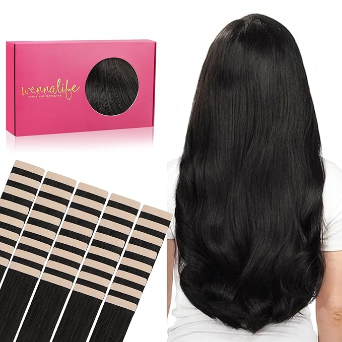 WENNALIFE Tape in Hair Extensions Human Hair, 40pcs 100g 20 inch Natural Black Hair Extensions Real Human Hair Straight Tape in Extensions Invisible Human Hair Extensions Reusable Real Hair Extensions
