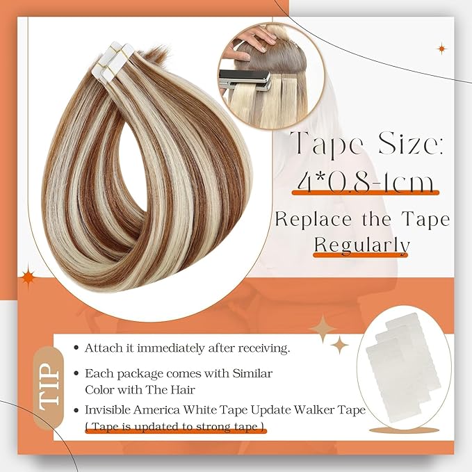 Full Shine Natural Tape in Hair Extensions Real Remy Hair Auburn Highlight Blonde Tape ins Human Hair Extensions 16 Inch Invisible Seamless Tape in Hair Extension Human Hair 50G Soft Extensions 20Pcs