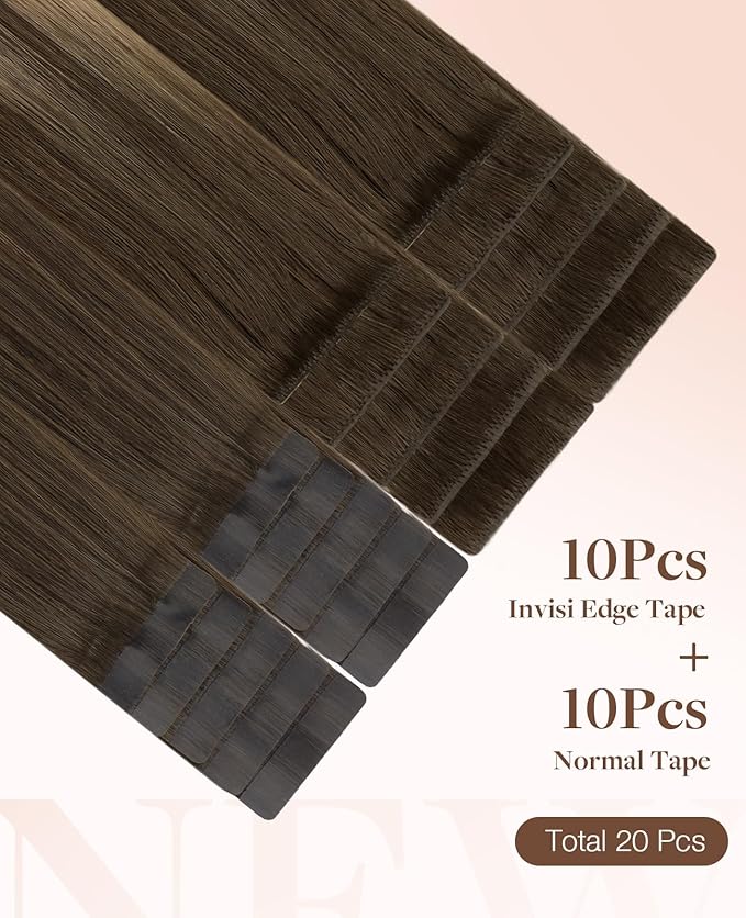 GOO GOO Invisi Edge Tape in Hair Extensions Human Hair, 4/27/4 Balayage Chocolate Brown to Caramel Blonde 10pcs injected with 10pcs classical tape ins, 22inch 50g, Virgin Remy Hair, Natural Look