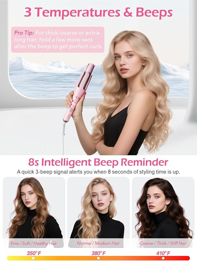 Automatic Rotating Curling Iron, ABVOT HC04 Pro Long Barrel Hair Curlers for Long Hair, Anti-Scald, Anti-Tangle, Ionic Ceramic Travel Dual Voltage 1 1/2 inch Curling Wand for Shiny & Effortless Curls