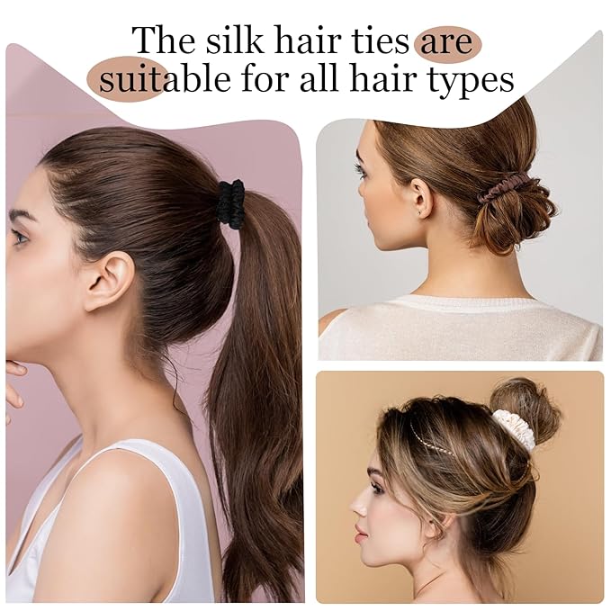 5 Pcs 19 Momme Pure Mulberry Silk Skinny Scrunchies and Ponytail Holders for Women's Hair Sleep