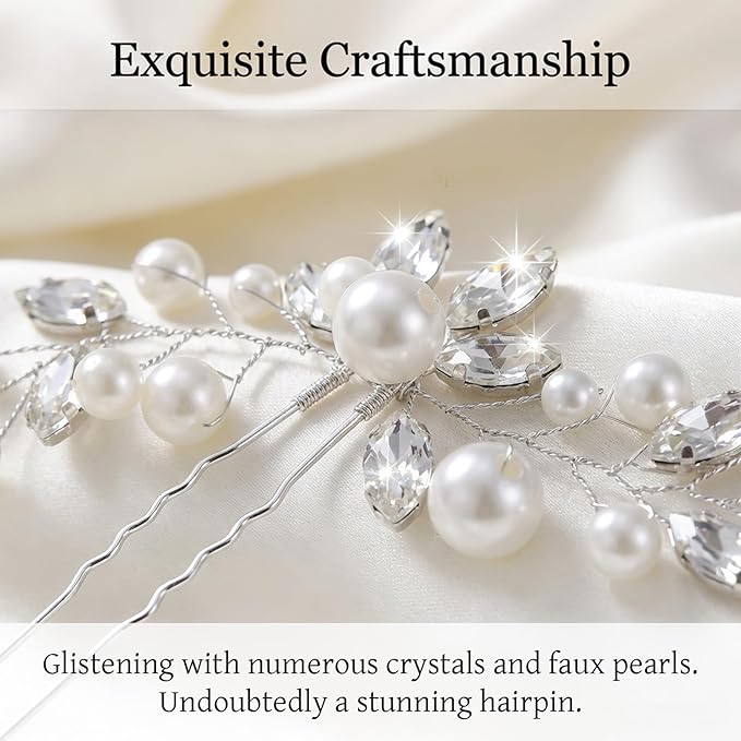 Wedding Pearl Hair Pin 12 x 8 cm Silver Leaf Bridal Hair Clips Accessories with Rhinestones and Flowers for Women
