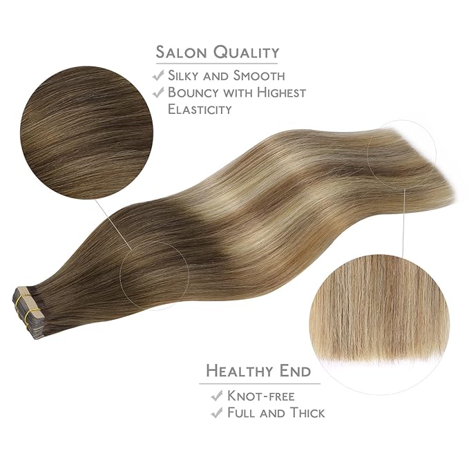 WENNALIFE Tape in Hair Extensions Human Hair, 20pcs 30g 10 inch Ombre Walnut Brown to Ash Brown and Bleach Blonde Remy Hair Extensions Straight Human Hair Tape in Extensions Skin Weft Tape Extensions