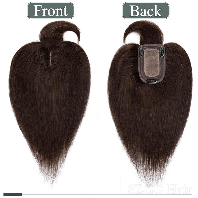 SEGO Hair Toppers for Women Real Human Hair with Front Bangs, Clip in Toppers with Thinning Hair Straight 150% Density Silk Base -6 Inch #2 Dark Brown