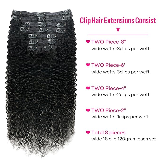 Curly Clip in Hair Extensions for Black Women Brazilian Virgin Human Hair Clip in Extensions Kinky Curly Clip ins Human Hair 8Pcs 120g 16inch Natural Black