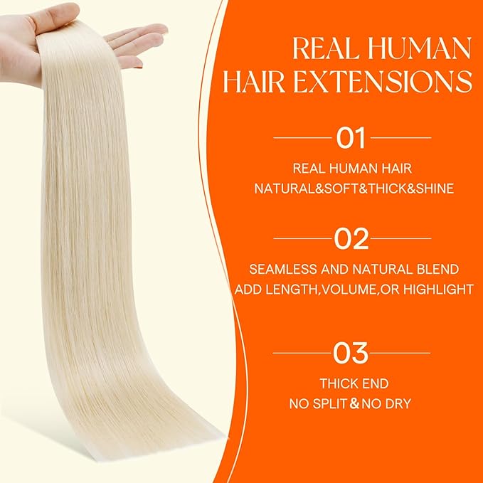 Full Shine Invisi Edge Injected Tape in Hair Extensions Human Hair Color 1000 White Blonde 16Inch Human Hair Tape in Extensions 20Pcs 40Grams Hair Extensions Tape inS for Women Chic Makeover