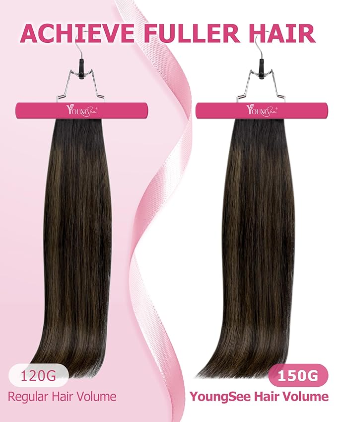 YoungSee Dark Brown Hair Extensions Clip ins Balayage Clip in Human Hair Extensions Dark Roots to Medium Brown Clip on Hair Extension for Women 14inch 120g