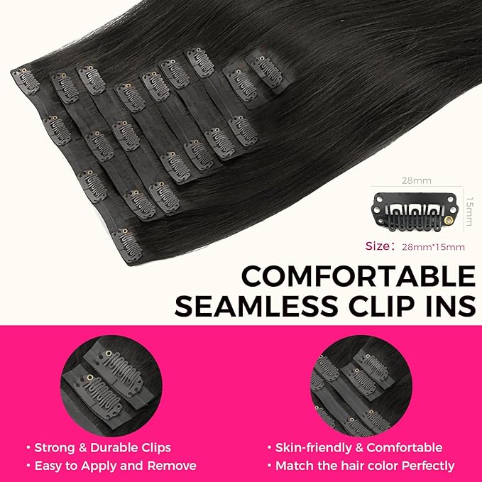 Lashey Seamless Clip in Hair Extensions 9pcs 130g Real Human Hair Extensions, 16 Inch #1B Natural Black Remy Human Hair Extensions Clip in Real Human Straight Soft Hair